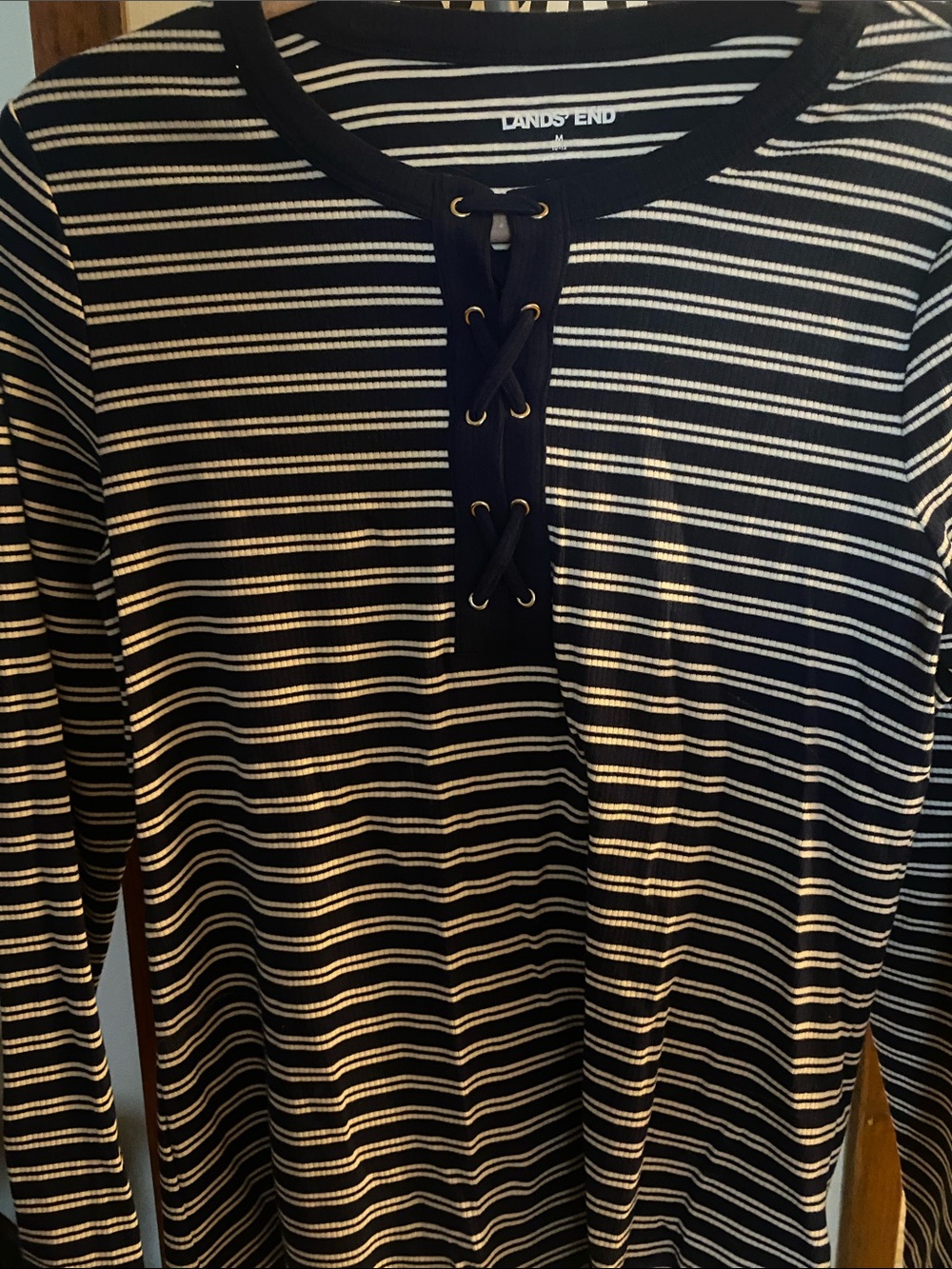 Lands' End Blue and White Lace-Up Striped Top
